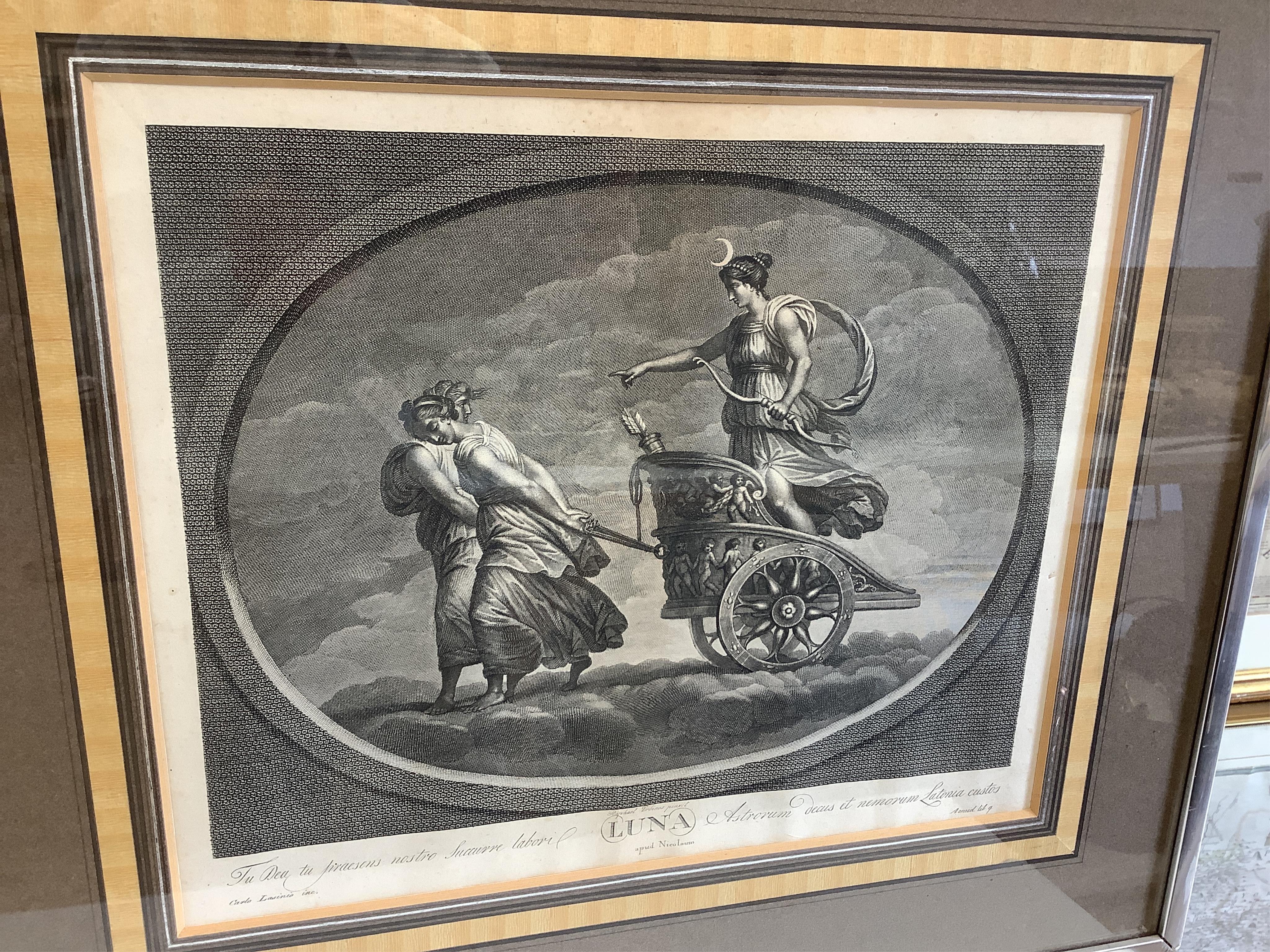 After Carlo Lasinio (Italian, 1759-1838), Roman gods to include, ‘Lunar’, ‘Jupiter’ and ‘Venus’, a set of seven engravings, each 23 x 40cm